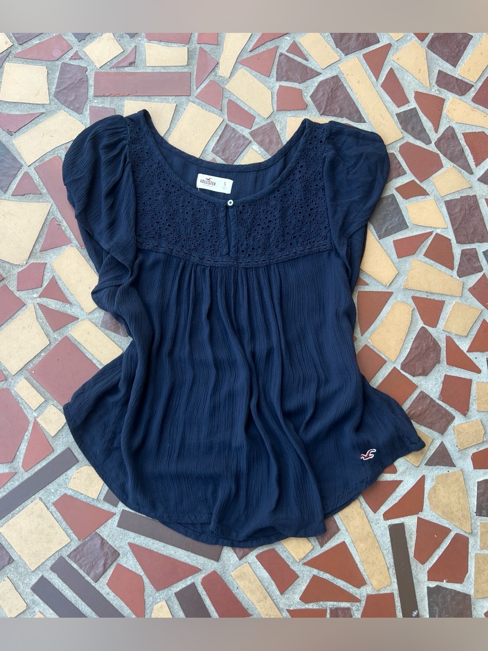 Vintage Hollister Navy Eyelet Yoke Flutter Sleeve babydoll